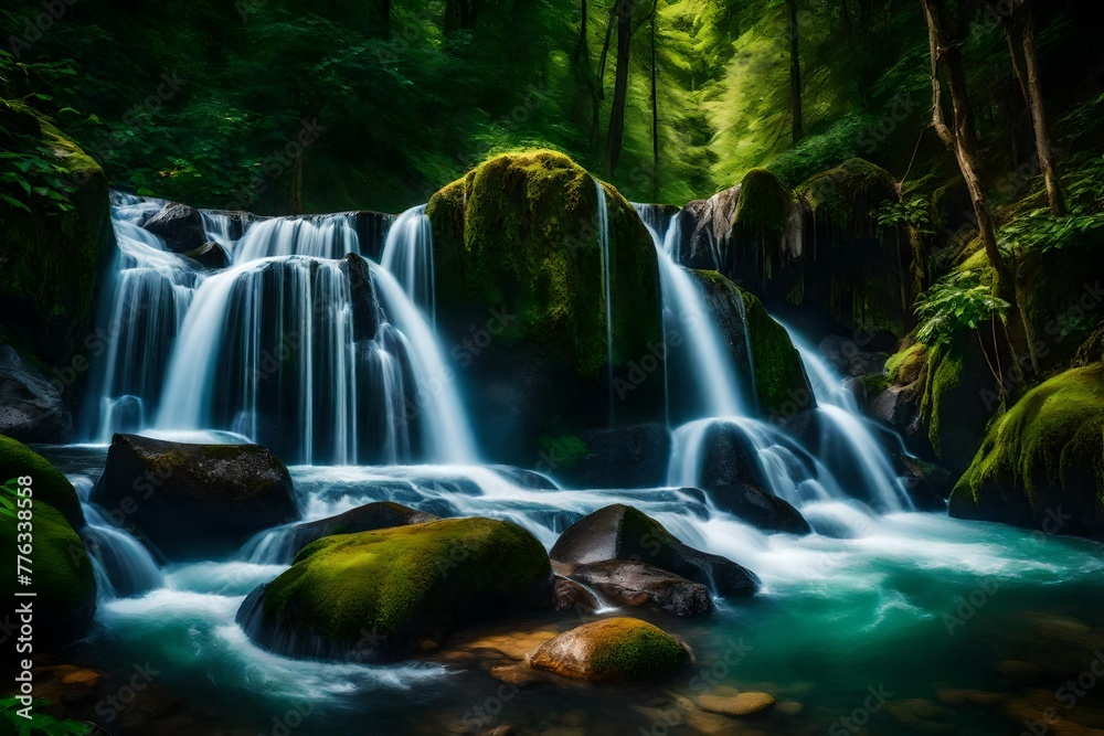 Immerse yourself in the serenity of nature with this high-resolution photograph capturing a beautiful waterfall set against a backdrop of lush green mountains. The vivid colors and fine textures