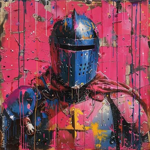 pop art medieval knight in amor, noble warrior in iron helmet