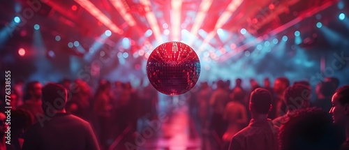 Red lasers from disco ball create vibrant atmosphere in packed club. Concept Nightlife, Disco Atmosphere, Laser Lights, Packed Club, Vibrant Energy