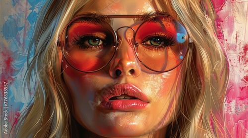 pop art illustration of attractive  sensual woman with full lips wearing round glasses 