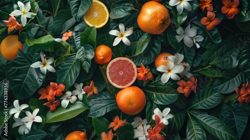 Background of tropical flowers and fruits. Top view. AI generative.