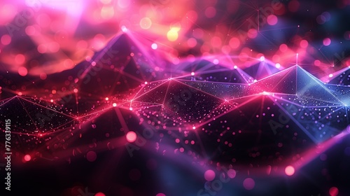 Futuristic Digital Landscape with Glowing Red and Pink Particle Mesh Network and Polygonal Data Connections in Abstract Background