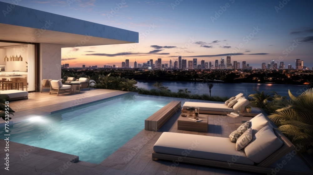 Fototapeta premium Modern villa with a private rooftop infinity pool overlooking the Miami skyline in Florida