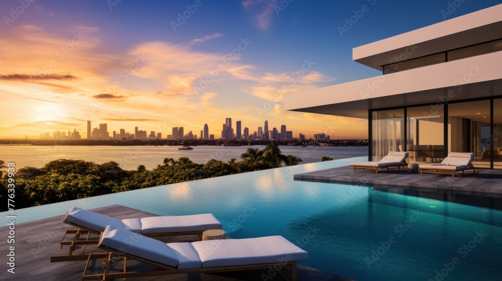 Modern villa with a private rooftop infinity pool overlooking the Miami skyline in Florida - obrazy, fototapety, plakaty 