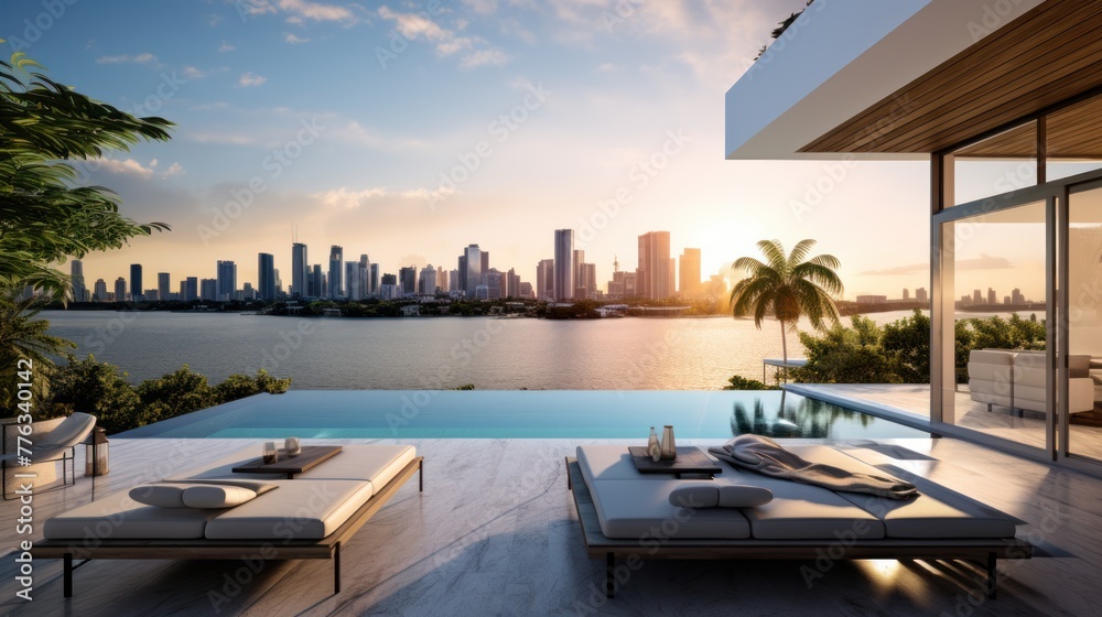 Fototapeta premium Modern villa with a private rooftop infinity pool overlooking the Miami skyline in Florida