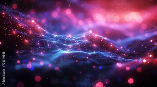 Abstract Glowing Data Wave with Pink and Blue Particle Mesh Connections in Futuristic Digital Flow and Technology Background