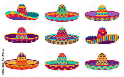 Mexican hat set vector design illustration isolated on white background. Ethnic retro carnival hat. Colorful clothes design elements.
