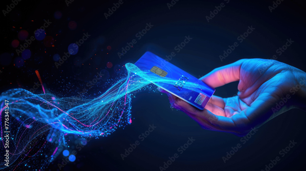 Credit card connected to chip of pos terminal, futuristic view of hand and digital contactless payment. Concept of data, tech, bank, online, pay, technology,