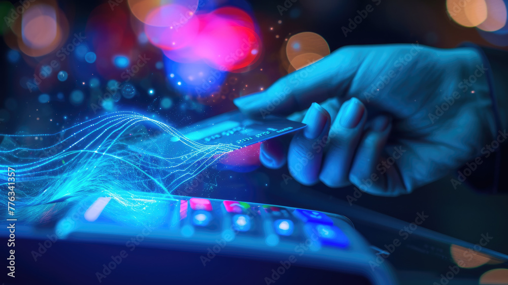 Credit card connected to chip of pos terminal, futuristic view of hand and digital contactless payment. Concept of data, tech, bank, online, pay, technology,