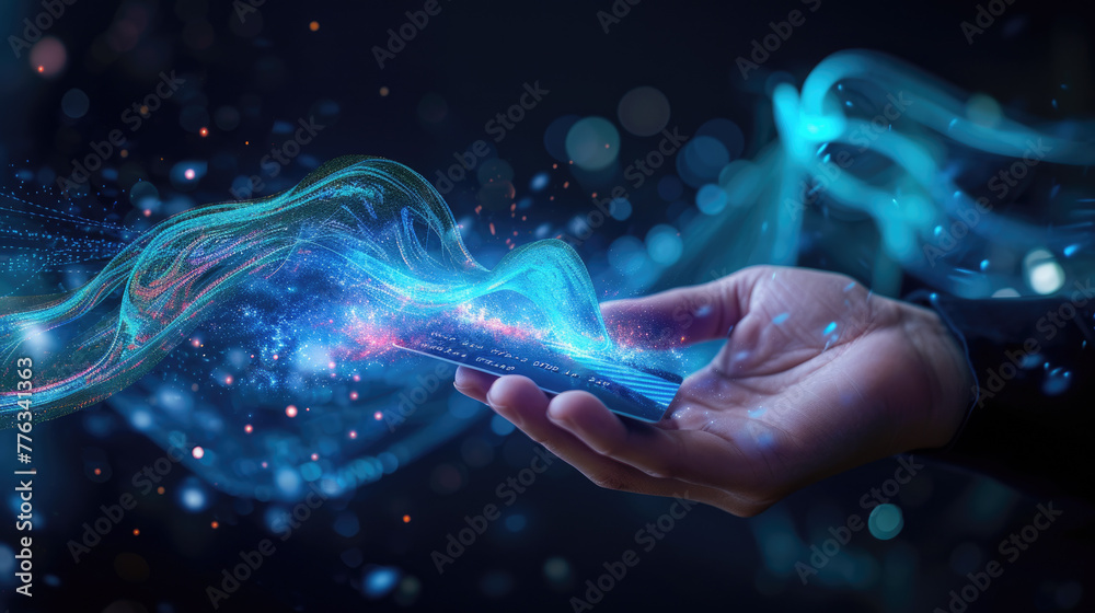 Credit card connected to chip of pos terminal, futuristic view of hand and digital payment. Concept of data, tech, bank, online, pay, technology, e-ecommerce