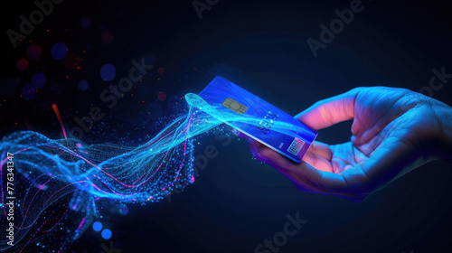 Credit card connected to chip of pos terminal, futuristic view of hand and digital contactless payment. Concept of data, tech, bank, online, pay, technology, photo