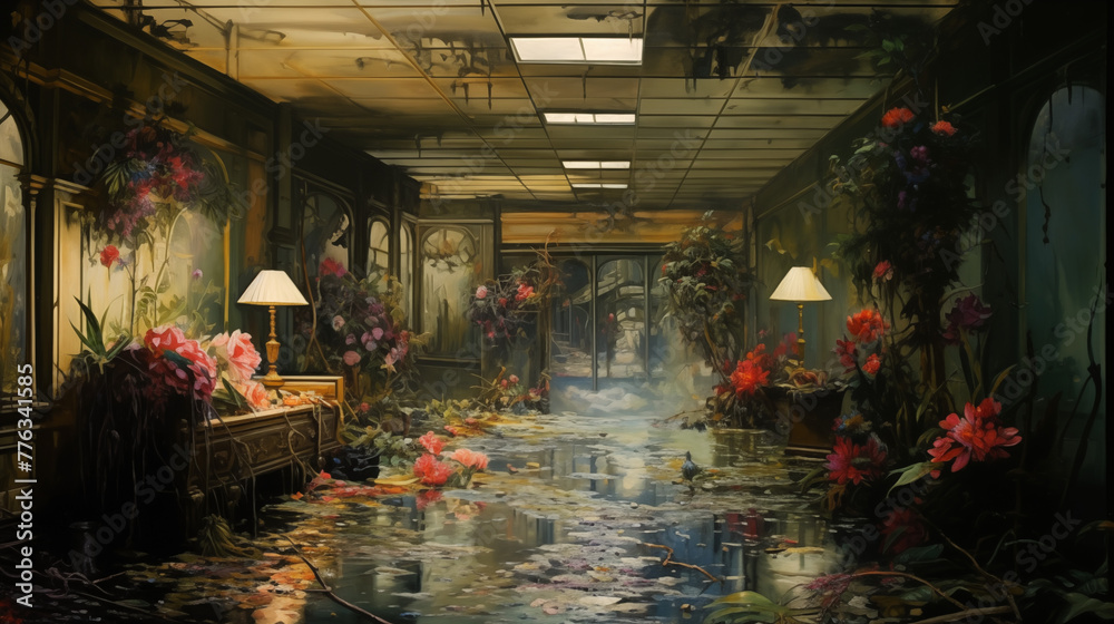 The long-abandoned hotel lobby and the hotel corridor are overgrown with flowers The long-abandoned hotel lobby and the hotel corridor are overgrown with flowers