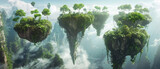 Flying tropical islands, panoramic view, surreal misty mountain landscape with land floating in sky. Concept of fantasy, fairy world, green planet, fog