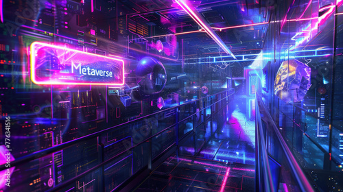 Futuristic cyber space with neon sign Metaverse, abstract digital world background. Corridor or room with data lights in cyberspace. Concept of technology, future, tech