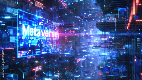Futuristic cyber space with sign Metaverse, abstract digital world background. City with data lights in cyberspace. Concept of technology, future, tech, virtual