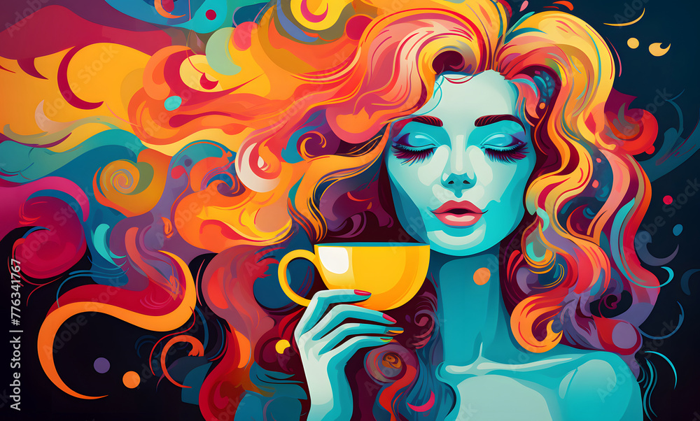 Vibrant artwork of a woman holding a cup, with swirling hair and a dreamy expression, using a rich color palette