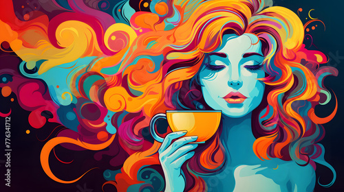 A colorful illustration of a woman with vivid  flowing hair and a serene expression  holding a cup in a dreamy stance