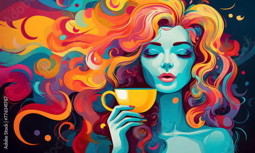 Vibrant artwork of a woman holding a cup  with swirling hair and a dreamy expression  using a rich color palette