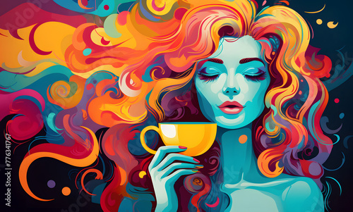Vibrant artwork of a woman holding a cup, with swirling hair and a dreamy expression, using a rich color palette