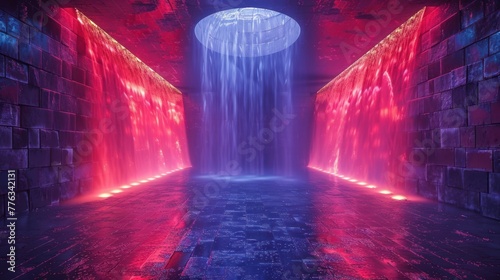 "Mystical Rainfall in a Crimson Illuminated Corridor"