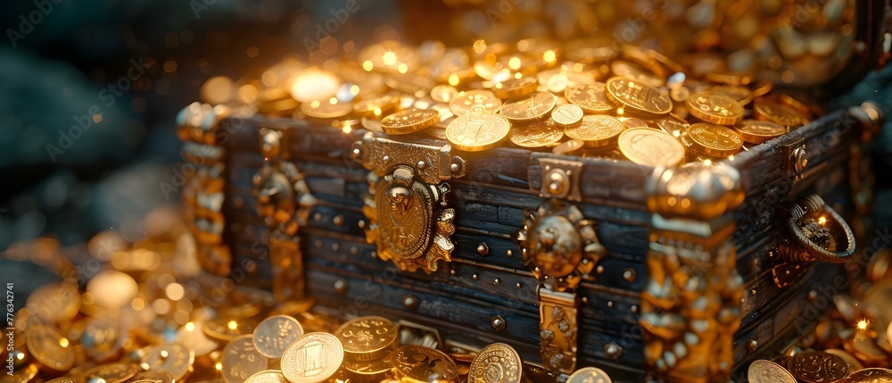 Detailed image of treasure chest filled with gold coins and jewels ...