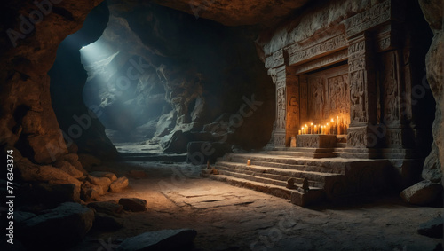 Within a dimly lit cave, a pristine altar stands encrusted with age-old symbols and worn from centuries of use. photo