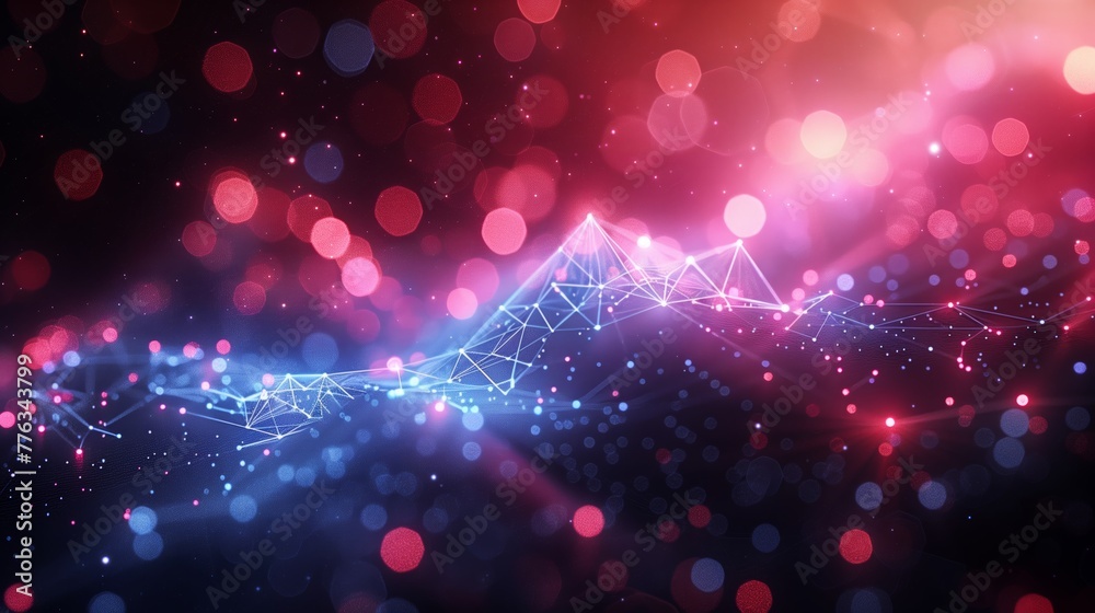 Abstract Glowing Mesh Network with Red and Blue Particle Connections and Bokeh Lights in Futuristic Digital Technology Background Abstract Glowing Mesh Network with Red and Blue Particle Connections and Bokeh Lights in Futuristic Digital Technology Background