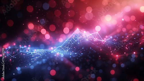 Abstract Glowing Mesh Network with Red and Blue Particle Connections and Bokeh Lights in Futuristic Digital Technology Background