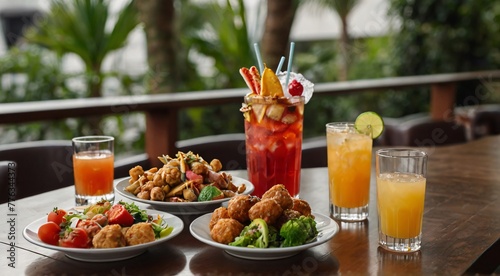 A table with a variety of delicious food and refreshing drinks arranged neatly.

