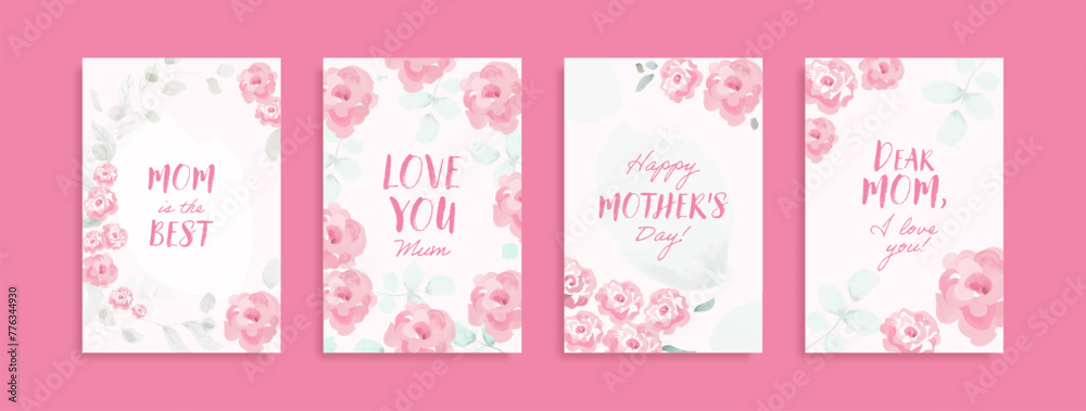 Set of Happy Mother's Day Greeting Card with cute trendy watercolor illustrations of bouquet of pink roses, modern typography. Mothers day templates for postcard, poster, banner, invitation