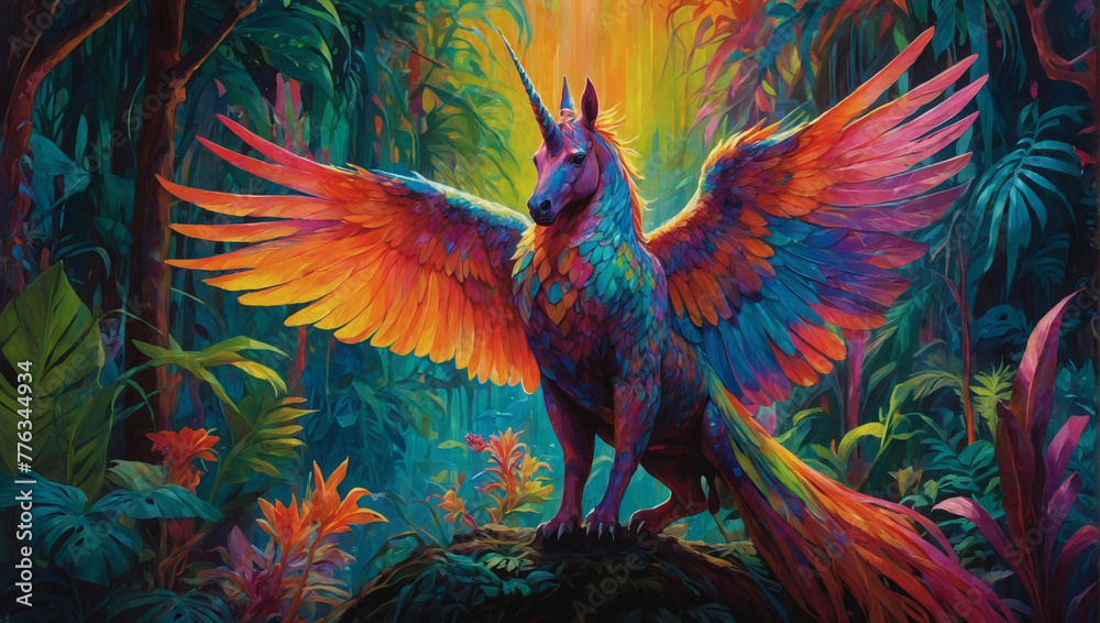 Within a fluorescent, otherworldly neon jungle depicted in a beautifully vivid gouache painting, a whimsical creature resembling a fantastical hybrid of a unicorn and a phoenix takes center stage. - obrazy, fototapety, plakaty 