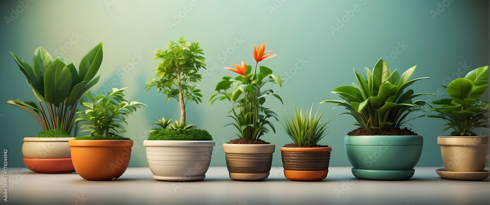 A row of diverse potted plants, each with unique textures and a vibrant green color