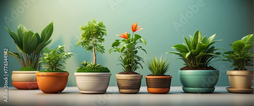 A row of diverse potted plants, each with unique textures and a vibrant green color