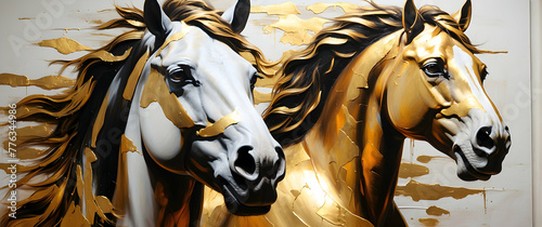 Two horses are painted in a stunning golden hue, evoking power and freedom, set against a white backdrop