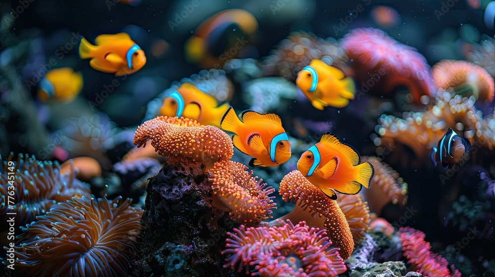 Fototapeta premium Clownfish Among Vibrant Sea Anemones in Aquarium 