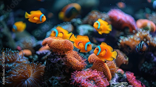 Clownfish Among Vibrant Sea Anemones in Aquarium
