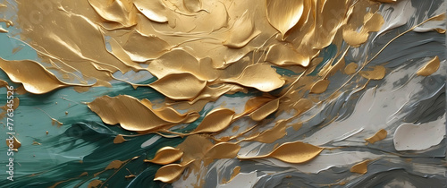 The hypnotic swirl of gold paint against a gray backdrop conveys a sense of fluid motion in this abstract painting