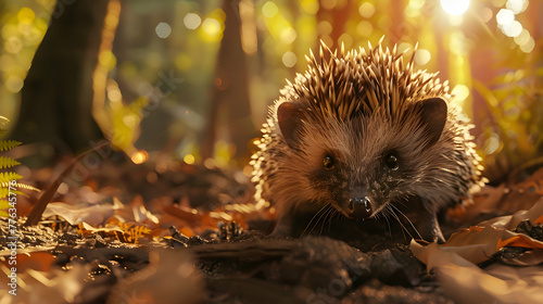 A spiky hedgehog cautiously emerging from a burrow, its eyes gleaming with curiosity as it surveys its surroundings in a sun-dappled woodland, the trees gently blurred in the background photo