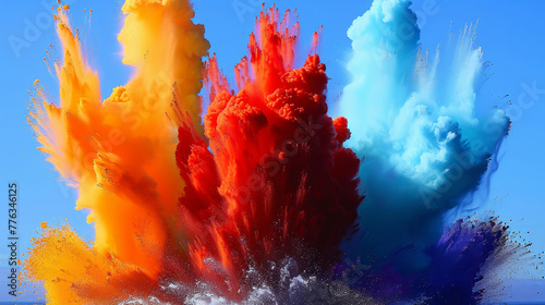 A colorful explosion of smoke and fire in the sky. The colors are vibrant and bright, creating a sense of energy and excitement. The smoke and fire seem to be dancing in the air, creating a dynamic.