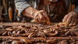 Elderly male working on wood carving.