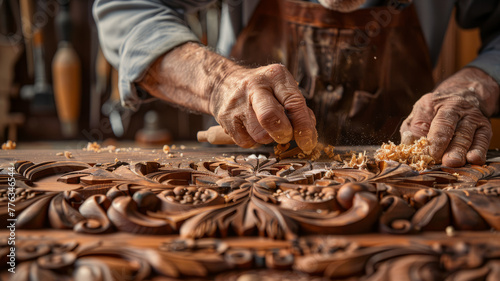 Elderly male working on wood carving.