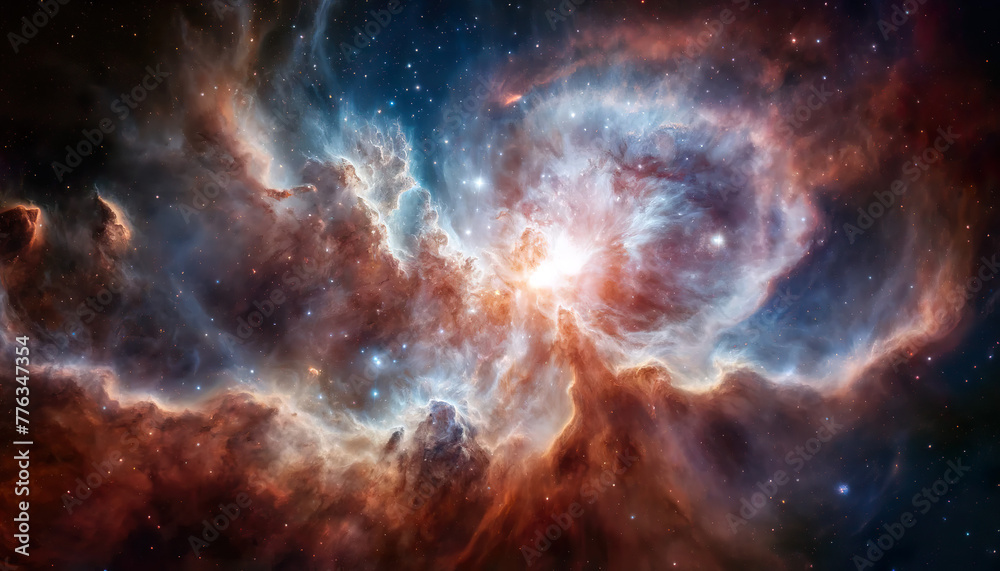 Fototapeta premium In the vast expanse of space, a mesmerizing giant nebular formation dominates the celestial backdrop, showcasing the awe-inspiring beauty of the cosmos