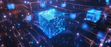 A blue cube of data floating in the center, surrounded glowing lines and numbers, symbolizing advanced technology Generative AI