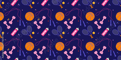 Retro cartoon abstract seamless pattern with sports equipment. Background for wrapping paper, banner, poster, social media. fitness concept. Fitness training concept.Vector flat illustration. photo