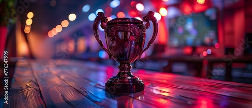 Closeup of modern trophy awaiting winner of Virtual Gaming Olympiad. Concept Virtual Gaming, Trophy, Closeup Shot, Modern Design, Award Ceremony photo