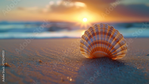 A shell on the beach at sunset.