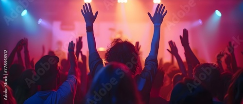 Energetic Crowd at Vibrant Nightclub Enjoying Music and Waving Hands. Concept Nightlife, Dance, Music, Fun, Party