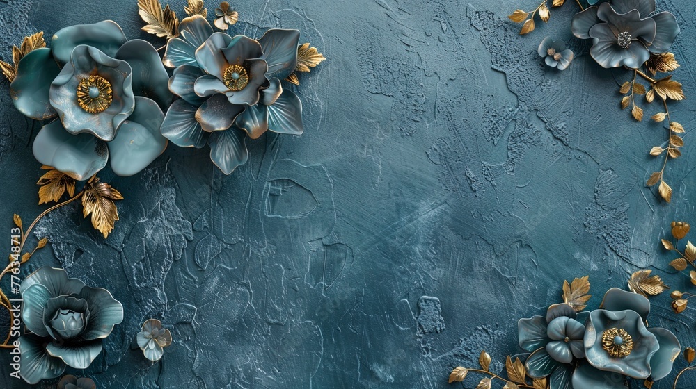 Decorative blue volumetric flowers on an old concrete wall. - obrazy, fototapety, plakaty 