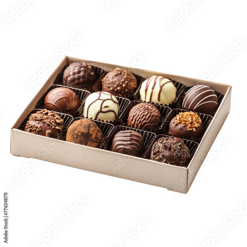 Assorted gourmet chocolates in a box on white background