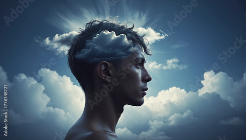 Conceptual representation of a person suffering from migraine or a mental disorder or brain fog that limits thinking ability and reduces cognitive performance - ai generated